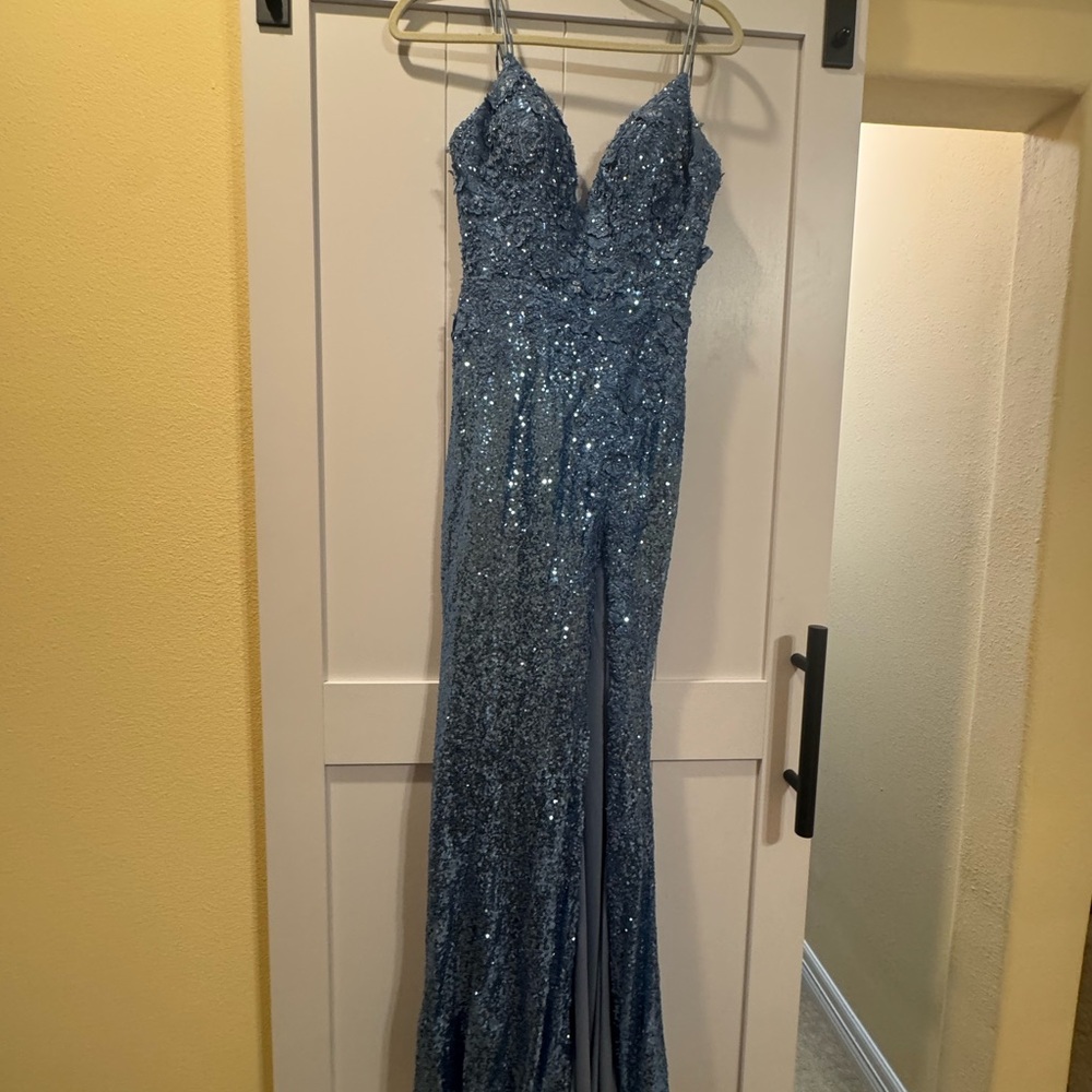 Sparkling Blue Sequin V-Neck Evening Gown